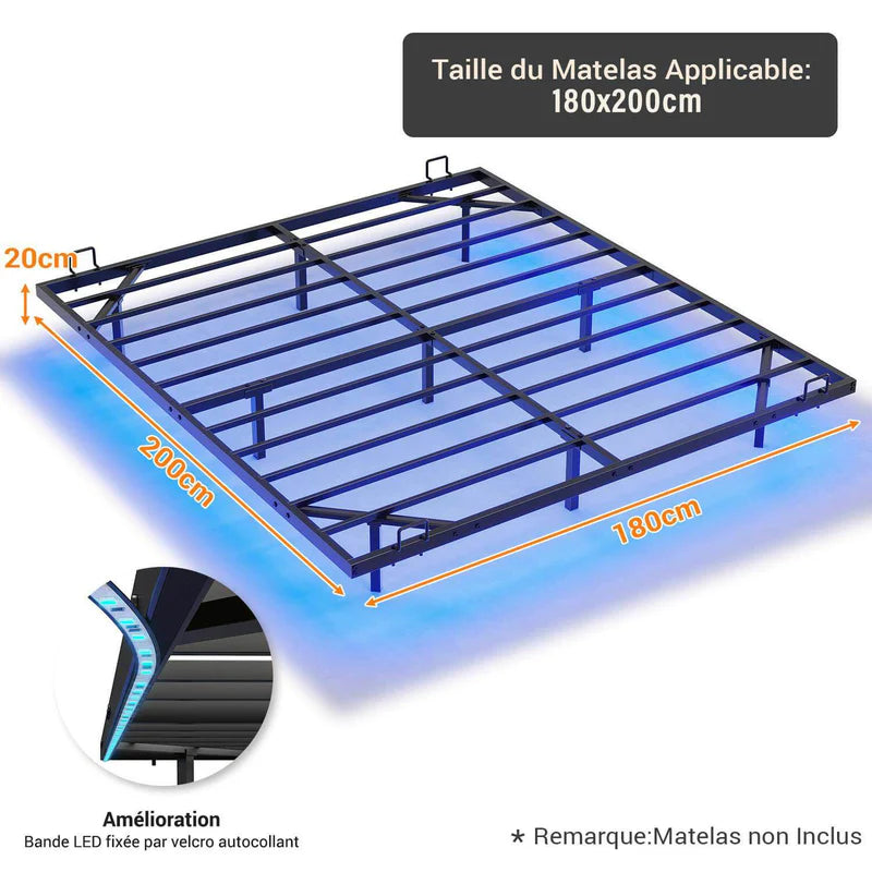 Cadre de Lit Flottant en Métal avec Lumières LED