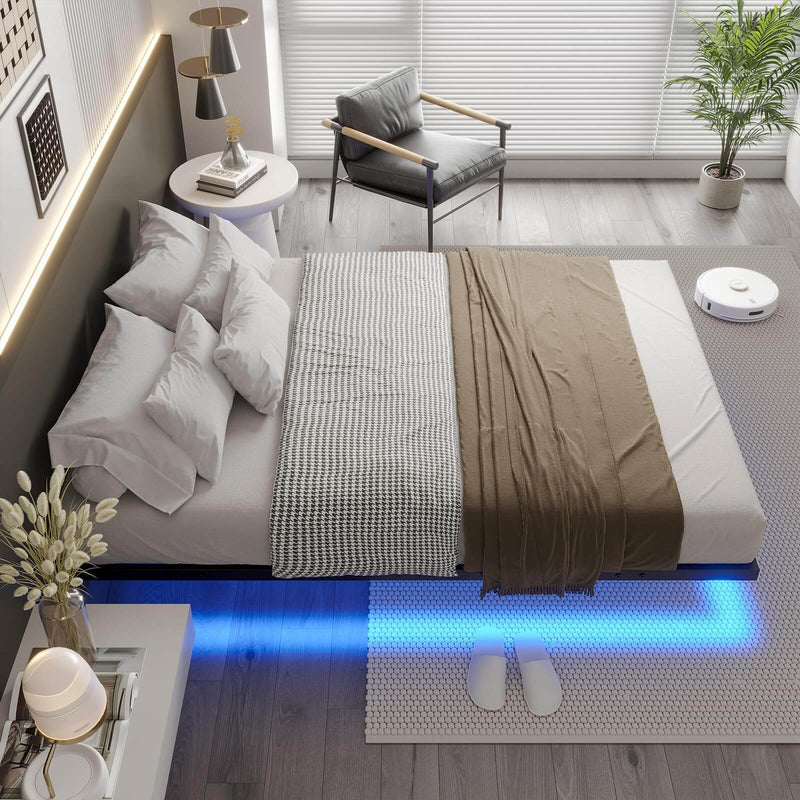 Cadre de Lit Flottant en Métal avec Lumières LED