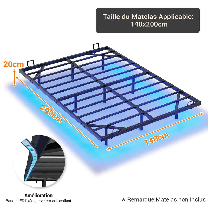 Cadre de Lit Flottant en Métal avec Lumières LED