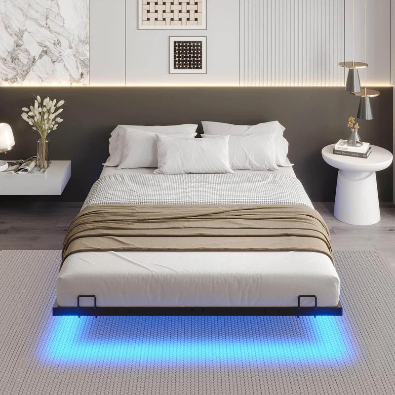 Cadre de Lit Flottant en Métal avec Lumières LED