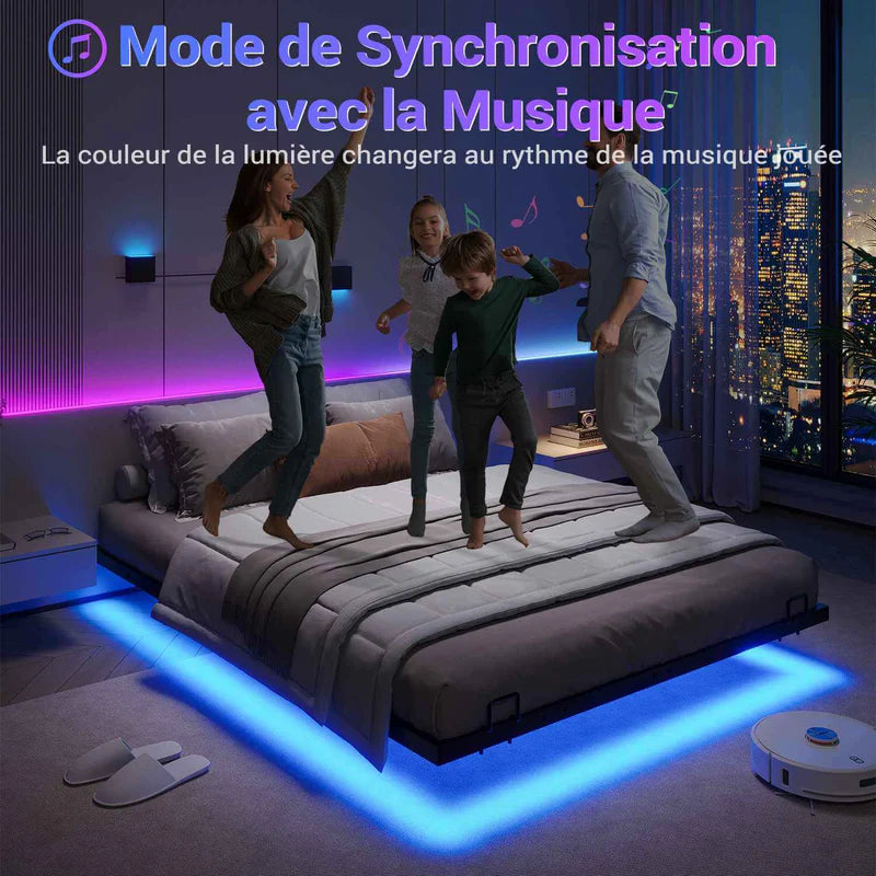 Cadre de Lit Flottant en Métal avec Lumières LED