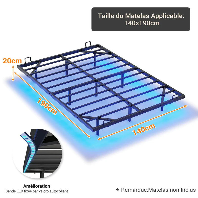 Cadre de Lit Flottant en Métal avec Lumières LED