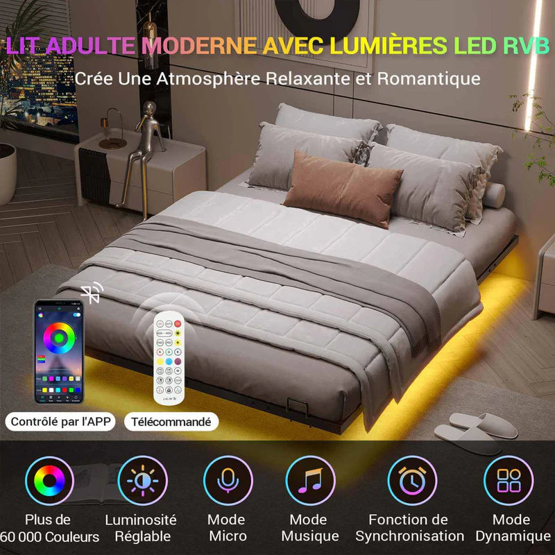 Cadre de Lit Flottant en Métal avec Lumières LED