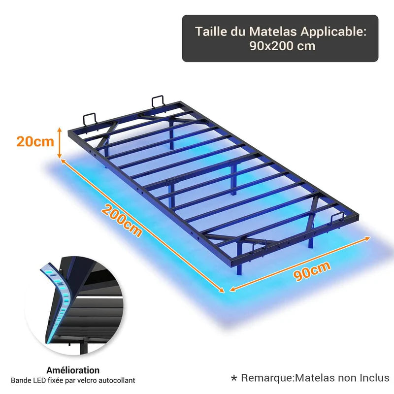 Cadre de Lit Flottant en Métal avec Lumières LED