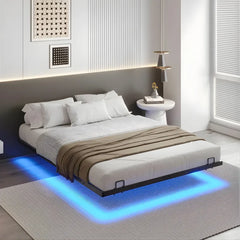 Cadre de Lit Flottant en Métal avec Lumières LED